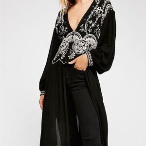 Free People Black Maxi Tunic with White Embroidered Detail